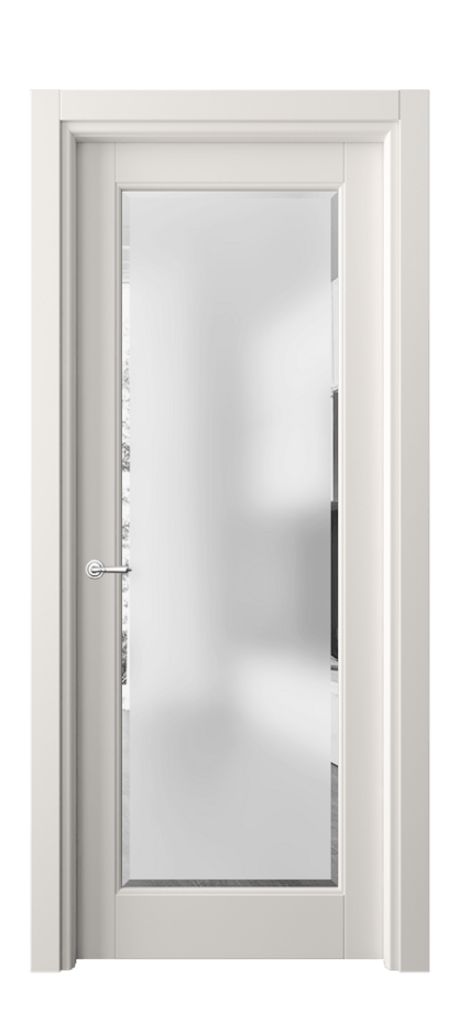 Межкомнатная дверь Тоскана Элегантэ 6300 Матовый пудровый белый Сатинированное стекло с фацетом Цена 99010 ₽ | Volhovec