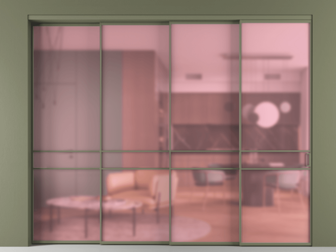 Перегородка Formato внутри проёма 4 створки с синхронным механизмом АЛПР 040.02 Алюминий оливковый тёмный Сатинированное розовое стекло, триплекс Цена 448700 ₽ | Volhovec