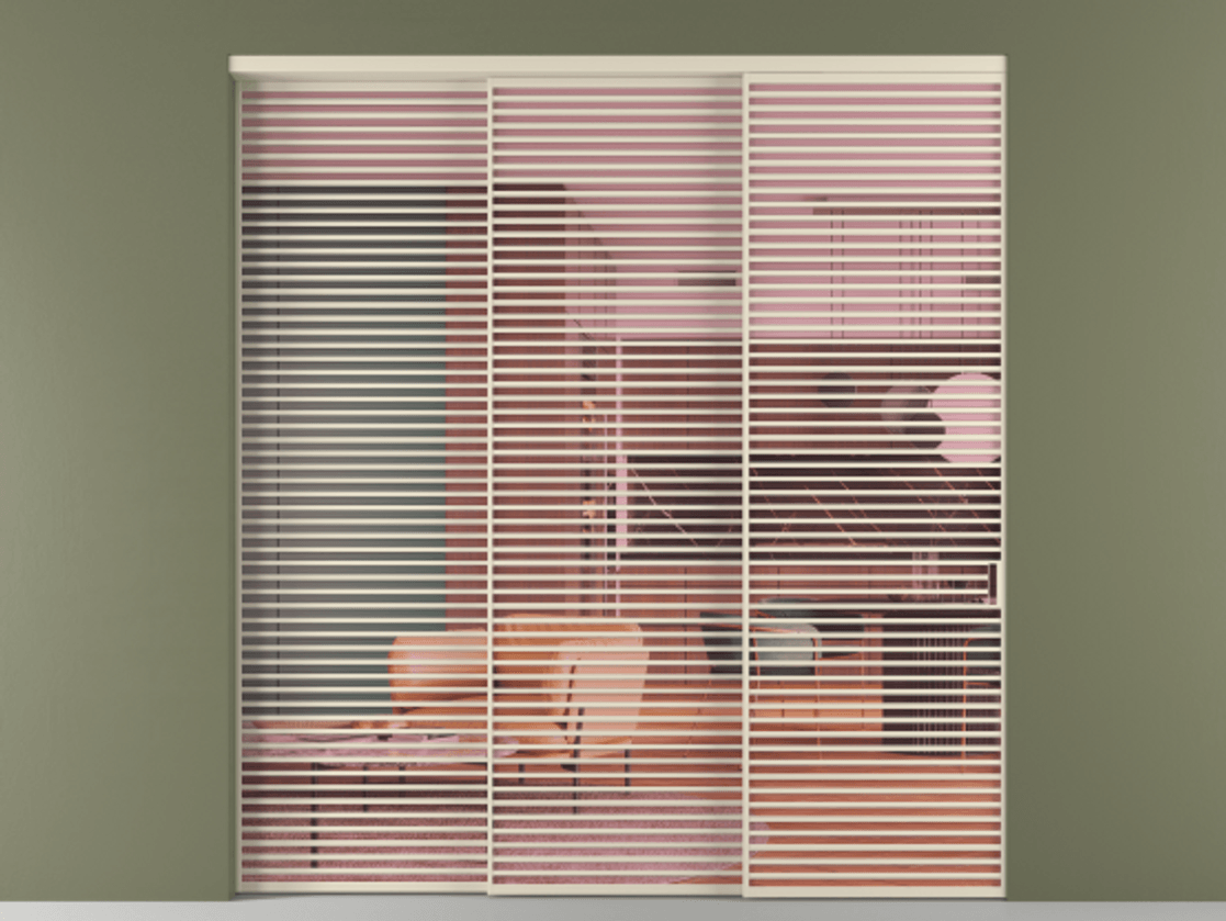 Перегородка Formato внутри проёма 3 створки с синхронным механизмом АЛПР 040.07 Алюминий бежево-серый Прозрачное розовое стекло, триплекс Цена 579740 ₽  | Volhovec