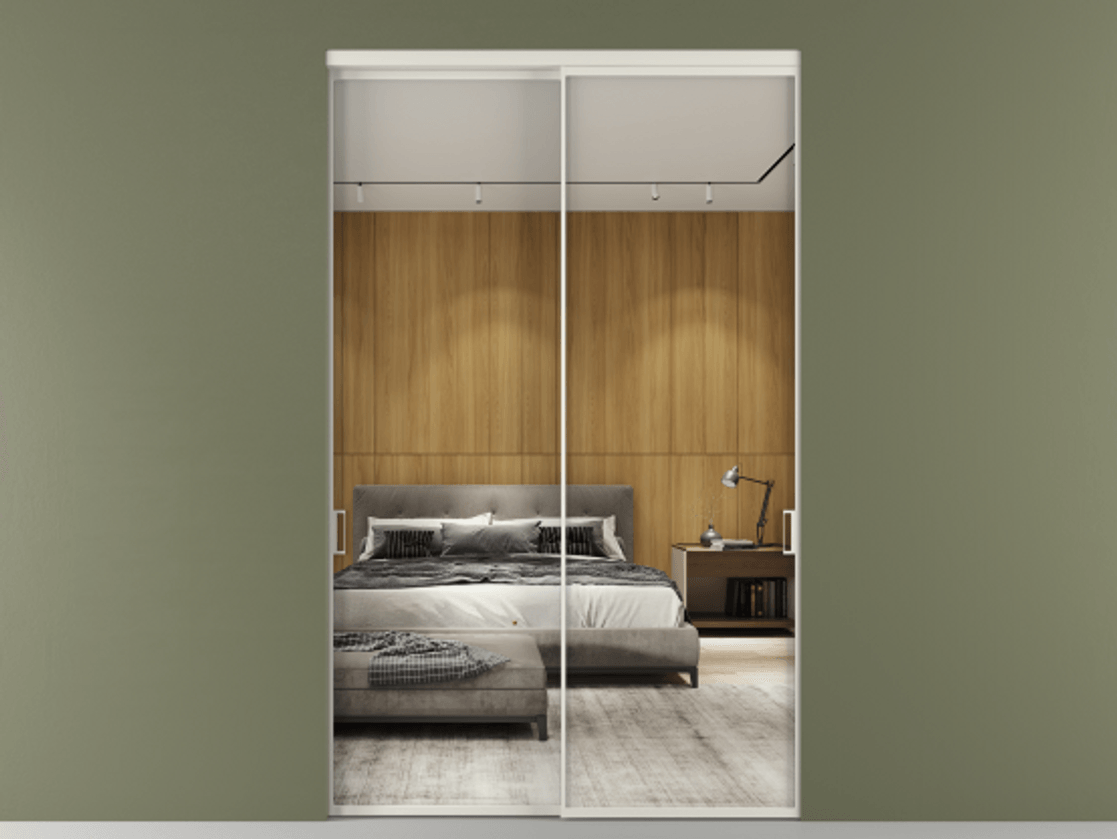 Перегородка Formato внутри проёма двустворчатая АЛПР 040.01 Алюминий Белый Двустороннее зеркало, триплекс , триплекс 6 мм Цена 179600 ₽  | Volhovec