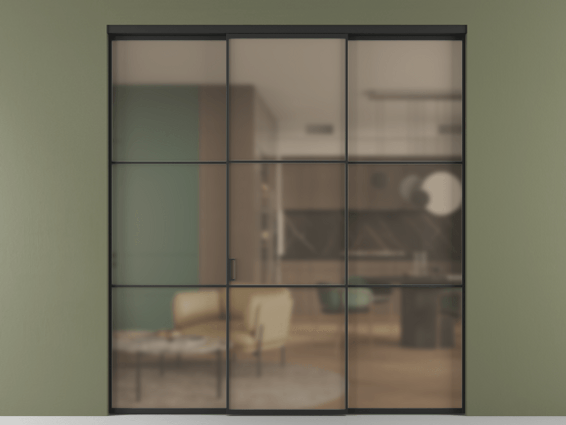 Перегородка Formato внутри проёма трёхстворчатая АЛПР 040.03 Алюминий Черный Сатинированное бронзовое стекло, триплекс Цена 281600 ₽ | Volhovec