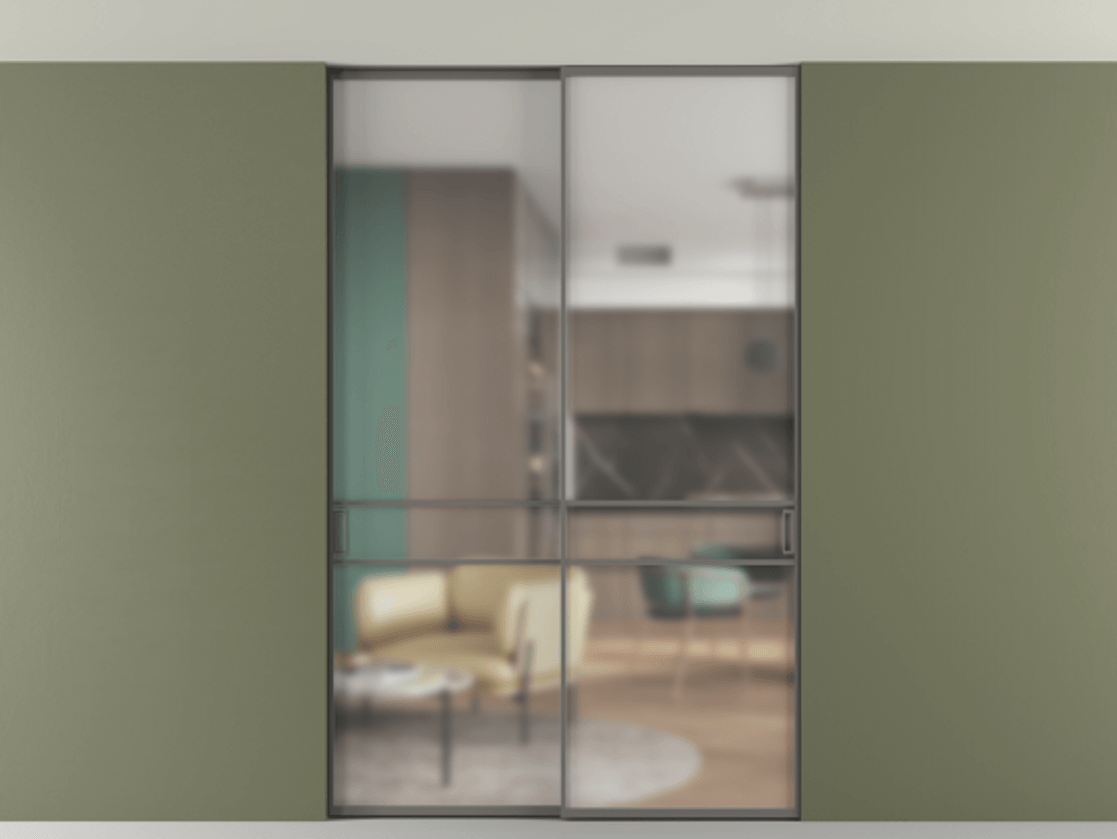 Перегородка Formato внутри проёма двустворчатая со скрытым креплением в потолок АЛПР 040.02 Алюминий классический серый Сатинированное стекло "Matelux Crystal Vision", калёное, матовое, каленое 6 мм Цена 288860 ₽ | Volhovec