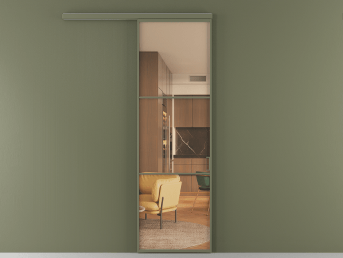 Перегородка Формато вдоль стены 1 створка АЛПР 040.03 Алюминий оливковый тёмный Прозрачное оранжевое стекло, триплекс Цена 106080 ₽  | Volhovec