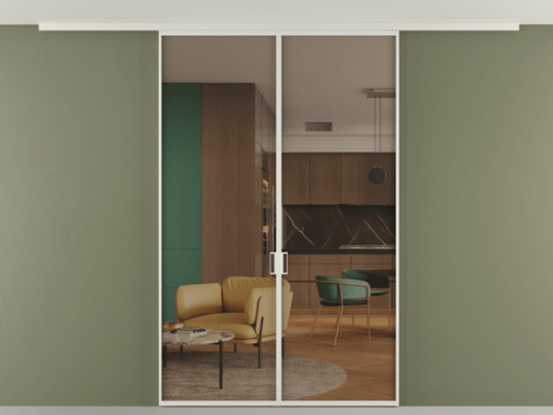 Перегородка Formato вдоль стены на потолок двустворчатая АЛПР 040.01 Алюминий Белый Прозрачное бронзовое стекло, триплекс, 6 мм. Скрытый короб БЕЛ Цена 195500 ₽ 1. Полотно 2 шт.  (800/2100 мм)
2. Комплект установки раздвижной системы
3. Базовый комплект фурнитуры
4.Ручка RONDO
. Фабрика дверей Волховец 8 (800) 551 43 19  Перегородка Formato вдоль стены на потолок двустворчатая АЛПР 040.01 Алюминий Белый Прозрачное бронзовое стекло, триплекс, 6 мм Цена 195500 ₽ | Volhovec