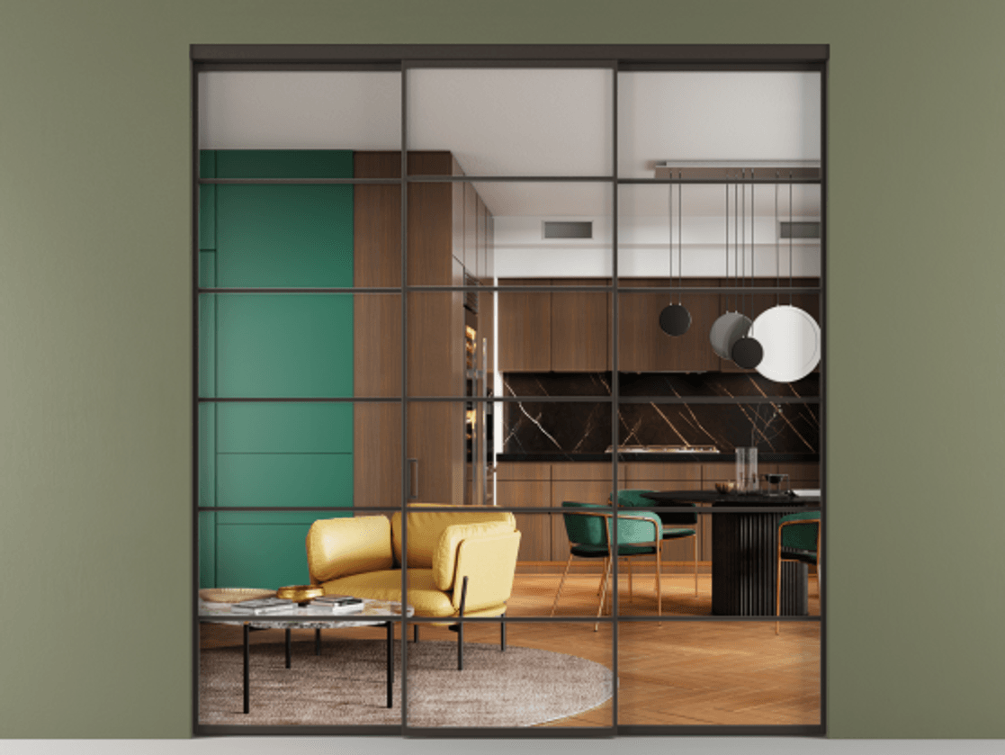 Перегородка Формато внутри проёма 3 створки АЛПР 040.04 Алюминий антрацит Прозрачное стекло "Кристал Вижн", калёное Цена 286460 ₽ | Volhovec