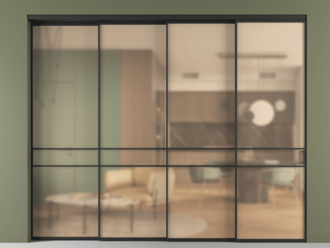 Перегородка Formato внутри проёма 4 створки с синхронным механизмом АЛПР 040.02 Алюминий Черный Сатинированное оранжевое стекло, триплекс Цена 427800 ₽ | Volhovec