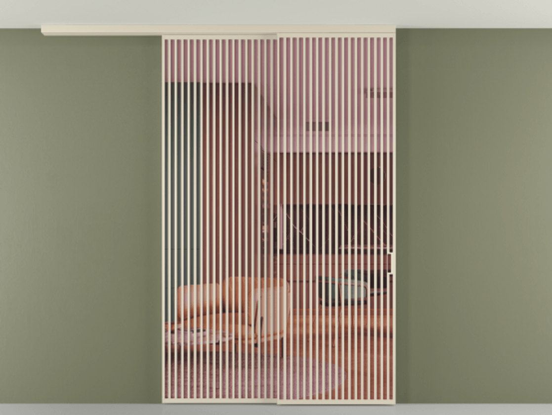 Перегородка Formato вдоль стены на потолок 2 створки с синхронным механизмом АЛПР 040.06 Алюминий бежево-серый Прозрачное розовое стекло, триплекс Цена 450456 ₽ | Volhovec