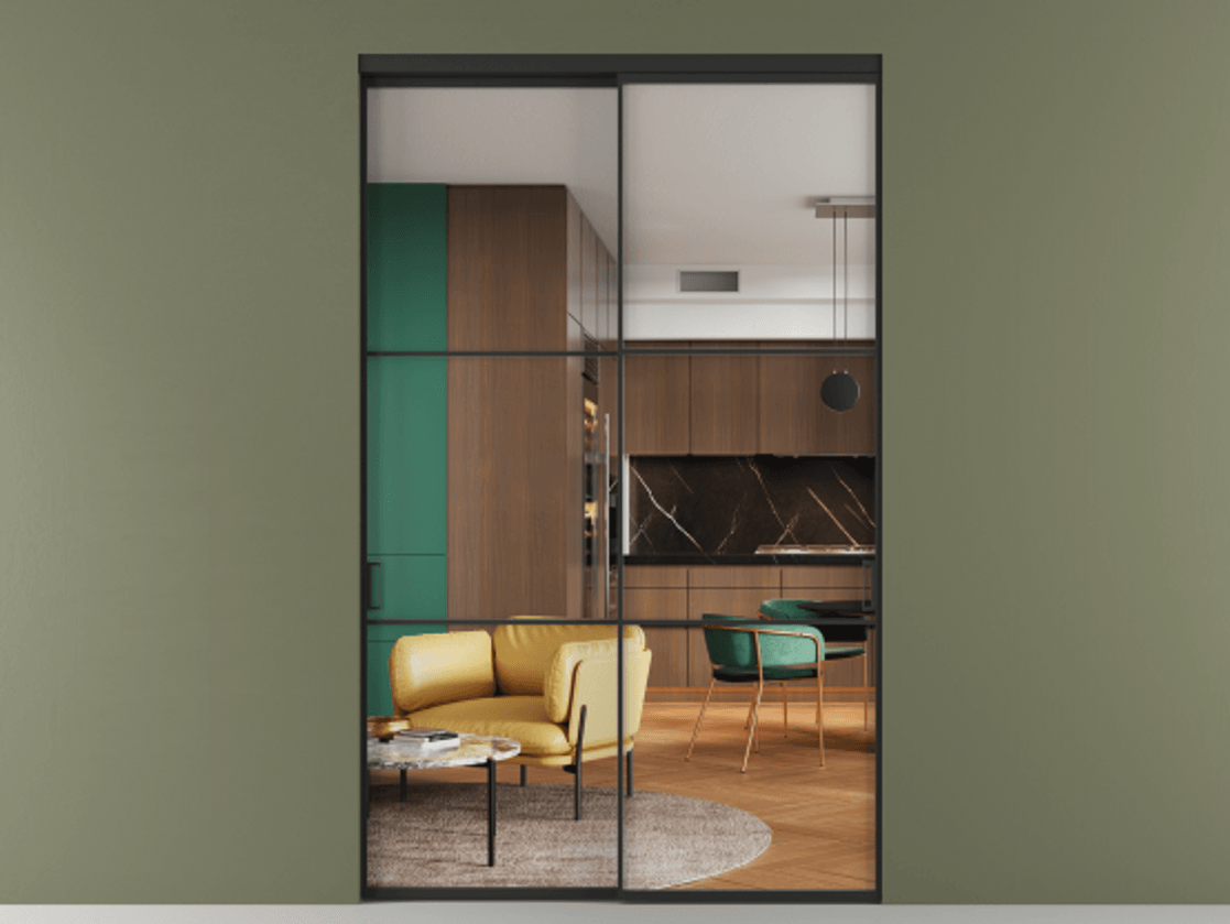 Перегородка Formato внутри проёма двустворчатая АЛПР 040.03 Алюминий Черный Прозрачное стекло "Crystal Vision", калёное Цена 205400 ₽  | Volhovec