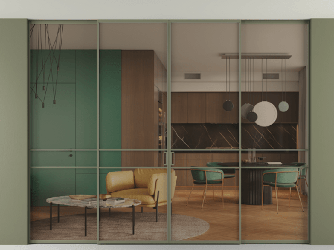 Перегородка Formato внутри проёма четырёхстворчатая со скрытым креплением в потолок АЛПР 040.02 Алюминий оливковый тёмный Прозрачное бронзовое стекло, триплекс, 6 мм.  Цена 3325600 AMD 1. Полотно 4 шт. (800/2100 мм)
 2. Комплект установки раздвижной системы
 3. Базовый комплект фурнитуры
4.Ручка RONDO. Фабрика дверей Волховец 8 (800) 551 43 19  Перегородка Formato внутри проёма четырёхстворчатая со скрытым креплением в потолок АЛПР 040.02 Алюминий оливковый тёмный Прозрачное бронзовое стекло, триплекс, 6 мм Цена 3325600 AMD | Volhovec