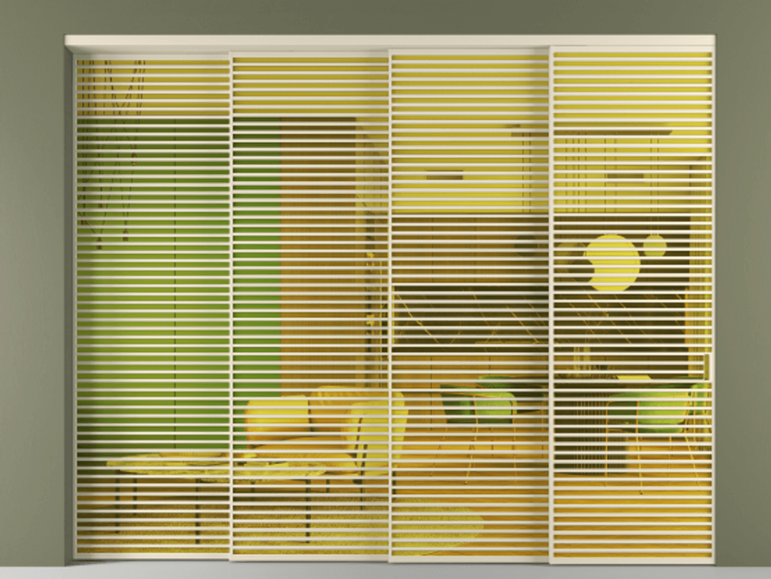 Перегородка Formato внутри проёма 4 створки с синхронным механизмом АЛПР 040.07 Алюминий бежево-серый Прозрачное жёлтое стекло, триплекс Цена 777320 ₽ | Volhovec