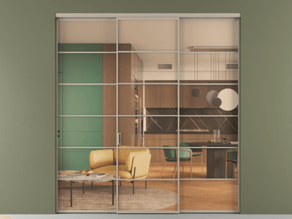 Алюминевая перегородка АЛПР 040.04_АБСК_ПРОЗ ОРАНЖ_new. Цвет Алюминий бисквитный. Материал Алюминий в эмали. Коллекция Перегородка Formato внутри проёма трёхстворчатая. Картинка.