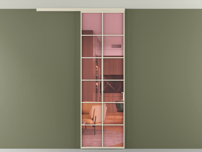 Алюминевая перегородка vd1_05 Алюминий бежево-серый Прозрачное розовое стекло, триплекс, 6мм. Цвет Алюминий бежево-серый. Материал Алюминий в эмали. Коллекция Перегородка Formato вдоль стены на потолок одностворчатая. Картинка.