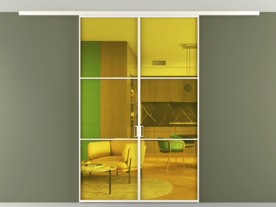 Алюминевая перегородка vd2_03 Алюминий пудровый белый Прозрачное жёлтое стекло, триплекс, 6мм. Цвет Алюминий пудровый белый. Материал Алюминий в эмали. Коллекция Перегородка Formato вдоль стены на потолок 2 створки. Картинка.