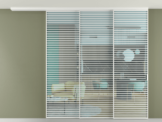 Алюминевая перегородка АЛПР 040.07_АБЛ_ПРОЗ ГОЛ_new. Цвет Алюминий белоснежный. Материал Алюминий в эмали. Коллекция Перегородка Formato вдоль стены на потолок 3 створки с синхронным механизмом. Картинка.