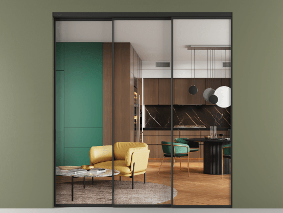 Алюминевая перегородка vn3_01 Crystalvision ЧЕР. Цвет Алюминий Черный. Материал Алюминий. Коллекция Перегородка Formato внутри проёма 3 створки с синхронным механизмом. Картинка.