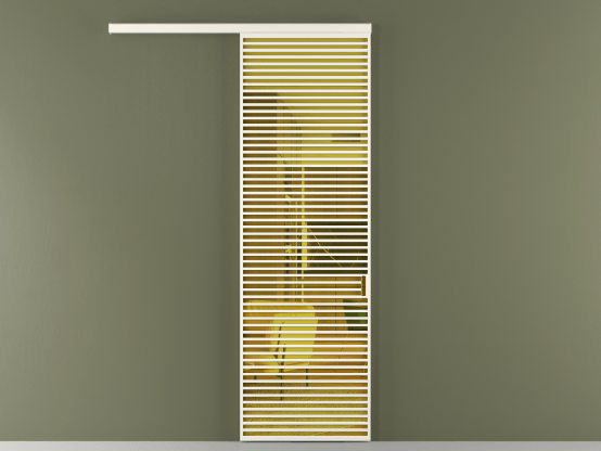 Алюминевая перегородка vd1_07_ Алюминий пудровый белый Прозрачное жёлтое стекло, триплекс, 6мм. Цвет Алюминий пудровый белый. Материал Алюминий в эмали. Коллекция Перегородка Formato вдоль стены 1 створка. Картинка.