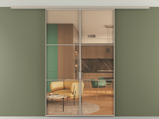 Алюминевая перегородка АЛПР 040.03_АБСК_ПРОЗ ОРАНЖ_new. Цвет Алюминий бисквитный. Материал Алюминий в эмали. Коллекция Перегородка Формато вдоль стены на потолок 2 створки. Картинка.