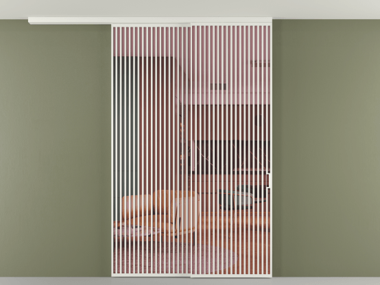 Алюминевая перегородка pv2_2_06_ Алюминий светло-серый Прозрачное розовое стекло, триплекс, 6мм. Цвет Алюминий светло-серый. Материал Алюминий в эмали. Коллекция Перегородка Formato вдоль стены на потолок 2 створки с синхронным механизмом. Картинка.