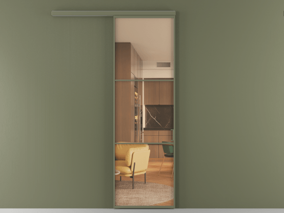 Алюминевая перегородка АЛПР 040.03_АОТ_ПРОЗ ОРАНЖ_new. Цвет Алюминий оливковый тёмный. Материал Алюминий в эмали. Коллекция Перегородка Формато вдоль стены 1 створка. Картинка.