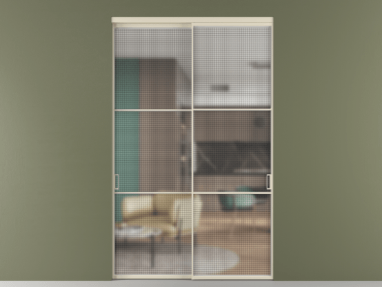 Алюминевая перегородка vn2_03_ Алюминий бежево-серый Mesh silver. Цвет Алюминий бежево-серый. Материал Алюминий в эмали. Коллекция Перегородка Formato внутри проёма 2 створки. Картинка.