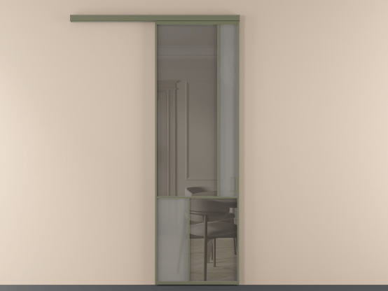 Алюминевая перегородка vd1_1_АОТ_Серый сатин триплекс+Серый триплекс_new. Цвет Алюминий оливковый тёмный. Материал Алюминий в эмали. Коллекция Перегородка Mosaic вдоль стены 1 створка. Картинка.