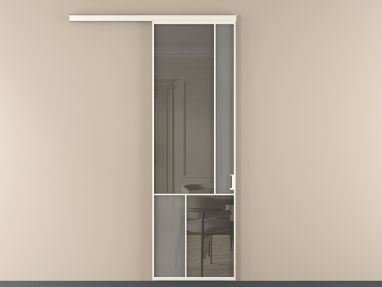 Алюминевая перегородка vd1_1 Алюминий пудровый белый Серый сатин матовое + Серый прозрачное. Цвет Алюминий пудровый белый. Материал Алюминий в эмали. Коллекция Перегородка Mosaic вдоль стены 1 створка. Картинка.