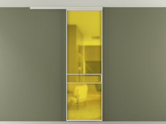 Алюминевая перегородка vd1_02 Алюминий тёплый серый Сатинированное жёлтое стекло, триплекс, 6мм. Цвет Алюминий тёплый серый. Материал Алюминий в эмали. Коллекция Перегородка Formato вдоль стены на потолок 1 створка. Картинка.