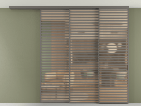 Алюминевая перегородка АЛПР 040.07_АКЛС_САТ ОРАНЖ_new. Цвет Алюминий классический серый. Материал Алюминий в эмали. Коллекция Перегородка Formato вдоль стены на потолок 3 створки с синхронным механизмом. Картинка.