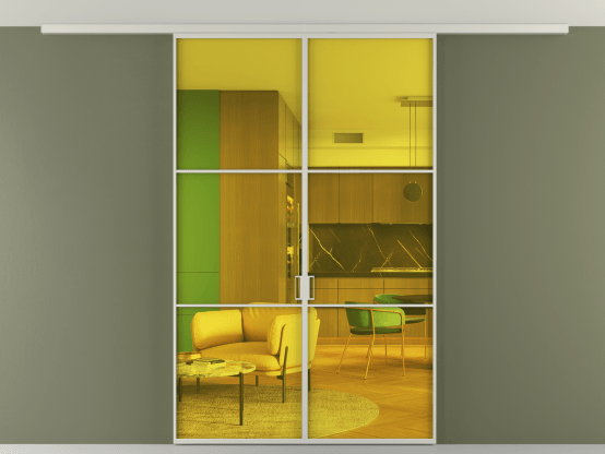 Алюминевая перегородка vd2_03 Алюминий тёплый серый Прозрачное жёлтое стекло, триплекс, 6мм. Цвет Алюминий тёплый серый. Материал Алюминий в эмали. Коллекция Перегородка Formato вдоль стены на потолок 2 створки. Картинка.