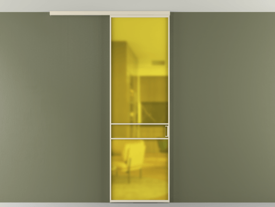 Алюминевая перегородка vd1_02 Алюминий бежево-серый Сатинированное жёлтое стекло, триплекс, 6мм. Цвет Алюминий бежево-серый. Материал Алюминий в эмали. Коллекция Перегородка Formato вдоль стены на потолок 1 створка. Картинка.