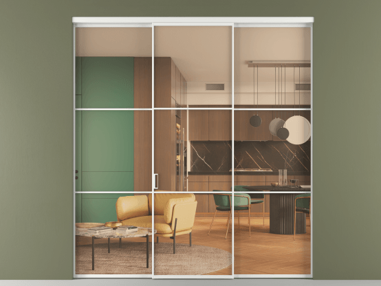 Алюминевая перегородка АЛПР 040.03_АБЛ_ПРОЗ ОРАНЖ_new. Цвет Алюминий белоснежный. Материал Алюминий в эмали. Коллекция Перегородка Формато внутри проёма 3 створки. Картинка.