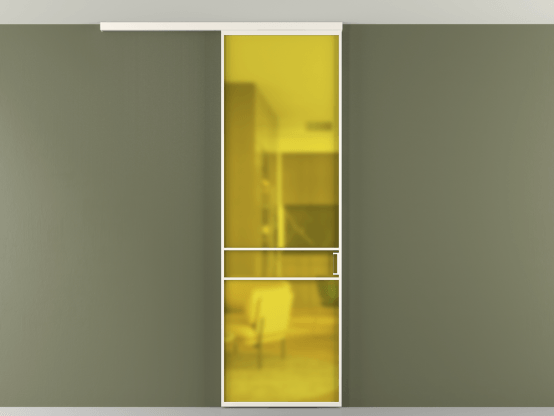 Алюминевая перегородка vd1_02 Алюминий пудровый белый Сатинированное жёлтое стекло, триплекс, 6мм. Цвет Алюминий пудровый белый. Материал Алюминий в эмали. Коллекция Перегородка Formato вдоль стены на потолок 1 створка. Картинка.