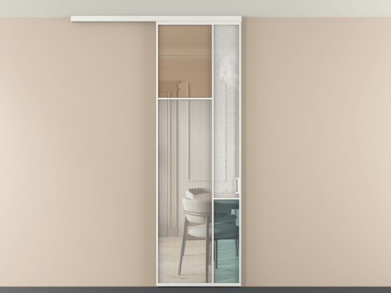 Алюминевая перегородка vdp1_7 Алюминий светло-серый Четыре стекла. Цвет Алюминий светло-серый. Материал Алюминий в эмали. Коллекция Перегородка Mosaic вдоль стены на потолок 1 створка. Картинка.