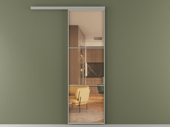 Алюминевая перегородка АЛПР 040.03_АНСР_ПРОЗ ОРАНЖ_new. Цвет Алюминий нейтральный серый. Материал Алюминий в эмали. Коллекция Перегородка Формато вдоль стены 1 створка. Картинка.