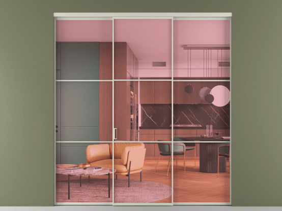 Алюминевая перегородка vn1+2_03_ Алюминий тёплый серый Прозрачное розовое стекло, триплекс, 6мм. Цвет Алюминий тёплый серый. Материал Алюминий в эмали. Коллекция Перегородка Formato внутри проёма 3 створки. Картинка.